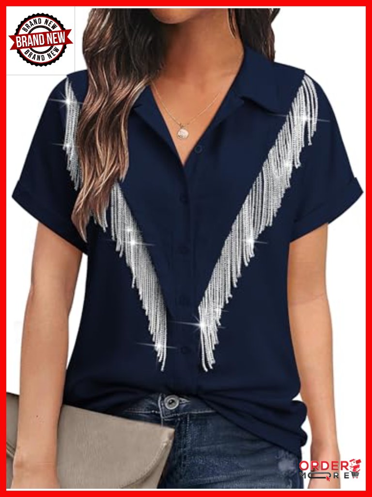 Western Rhinestone Fringe Button Down Short Sleeve Shirt